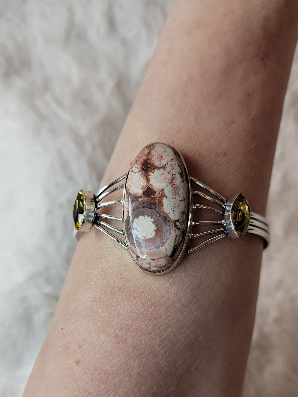 Sterling Silver Ocean Jasper with Synthetic Peridot Adjustable Cuff Bracelet